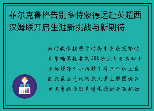 菲尔克鲁格告别多特蒙德远赴英超西汉姆联开启生涯新挑战与新期待 菲尔克鲁格告别多特蒙德远赴英超西汉姆联开启生涯新挑战与新期待