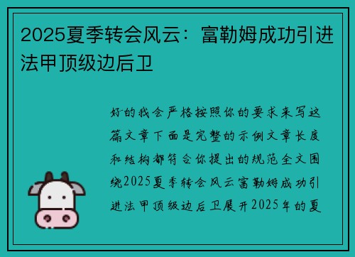 2025夏季转会风云：富勒姆成功引进法甲顶级边后卫